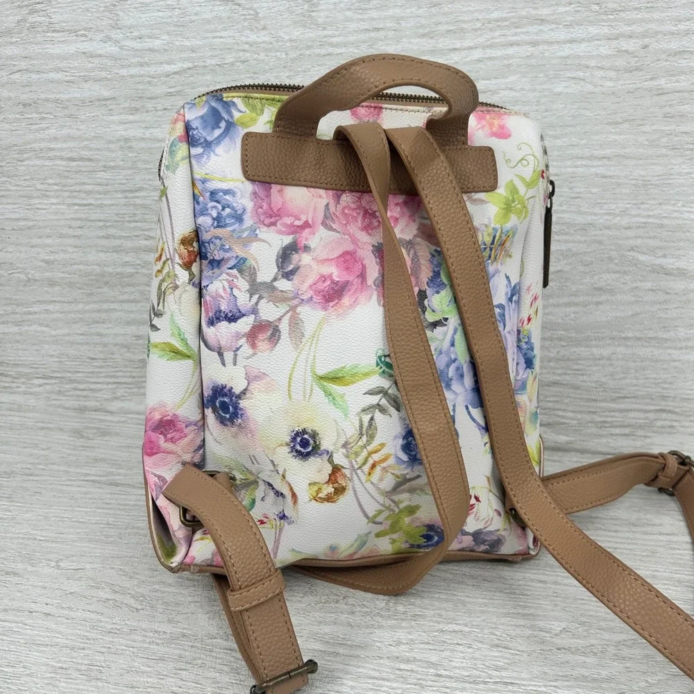 Elliott Lucca Floral Print Backpack White Pink Purple Faux Leather Mini Bag